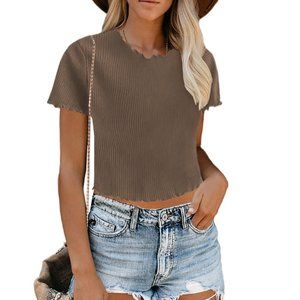 Khaki Curled Hem Short Sleeve Ribbed Knit Crop Top